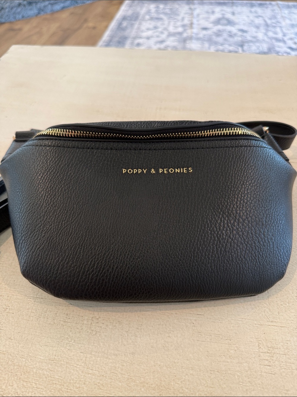 Poppy & Peonies Black Pebbled Leather Belt Bag with Gold Hardware